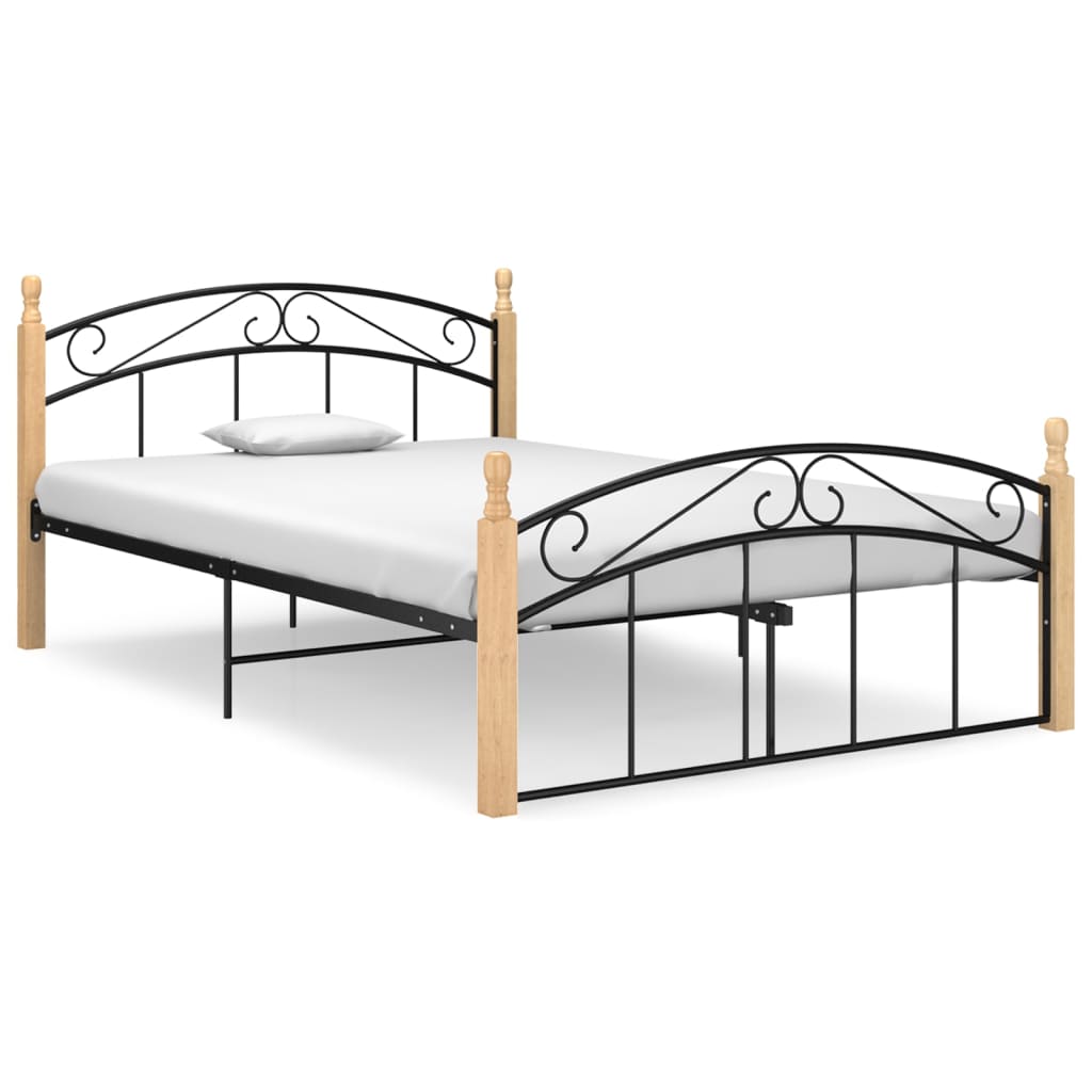 Bedframe Metaal En Massief Eikenhout Zwart