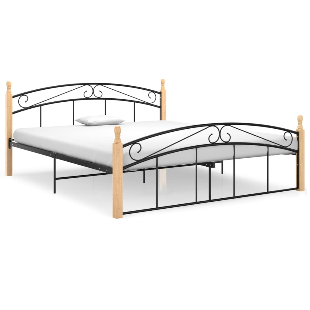 Bedframe Metaal En Massief Eikenhout Zwart