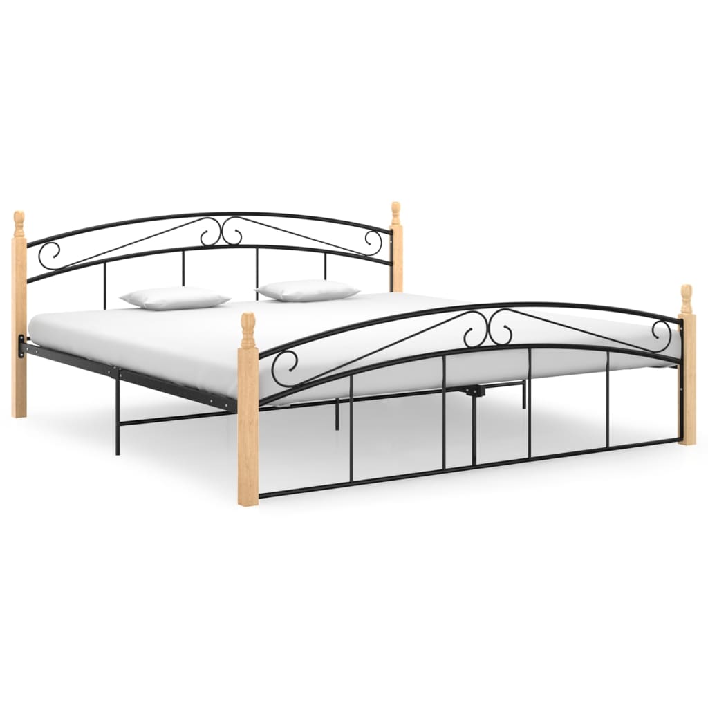 Bedframe Metaal En Massief Eikenhout Zwart