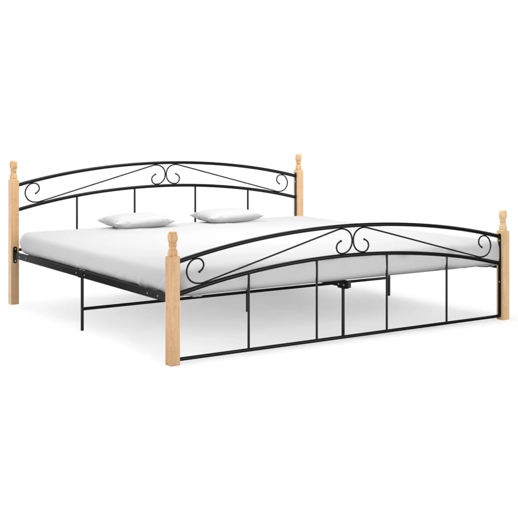 Bedframe Metaal En Massief Eikenhout Zwart