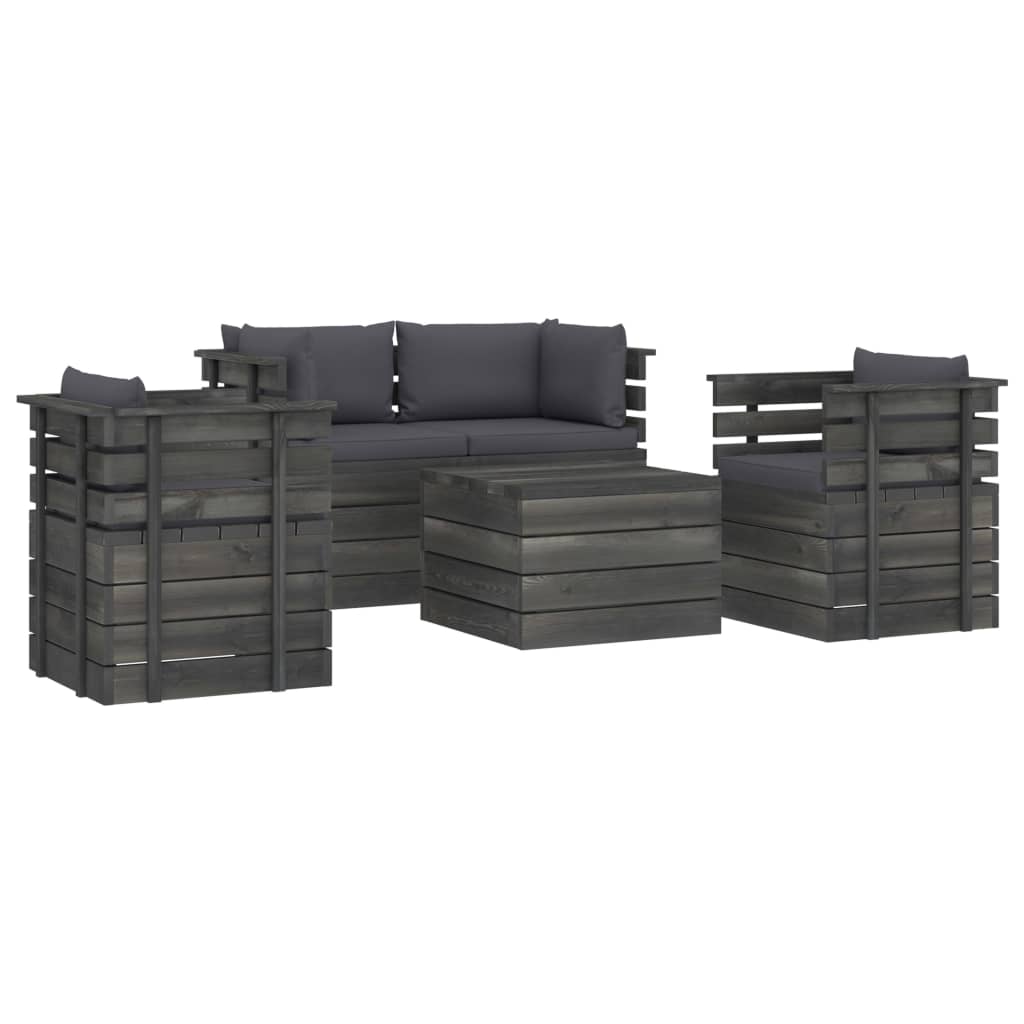 -Delige Loungeset Met Kussens Pallet Massief Grenenhout