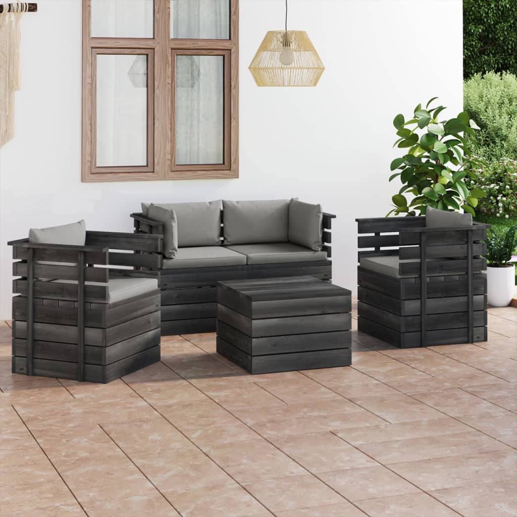 -Delige Loungeset Met Kussens Pallet Massief Grenenhout