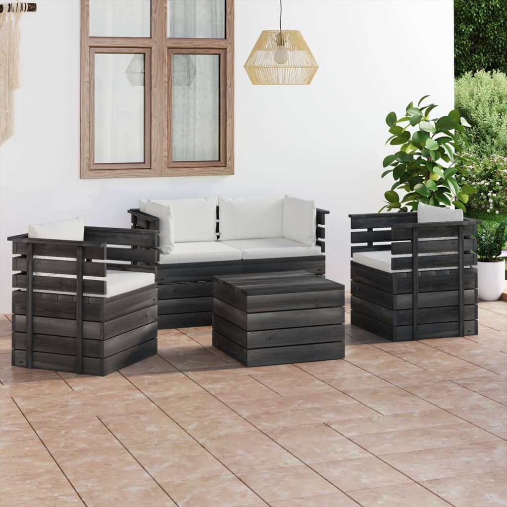 -Delige Loungeset Met Kussens Pallet Massief Grenenhout