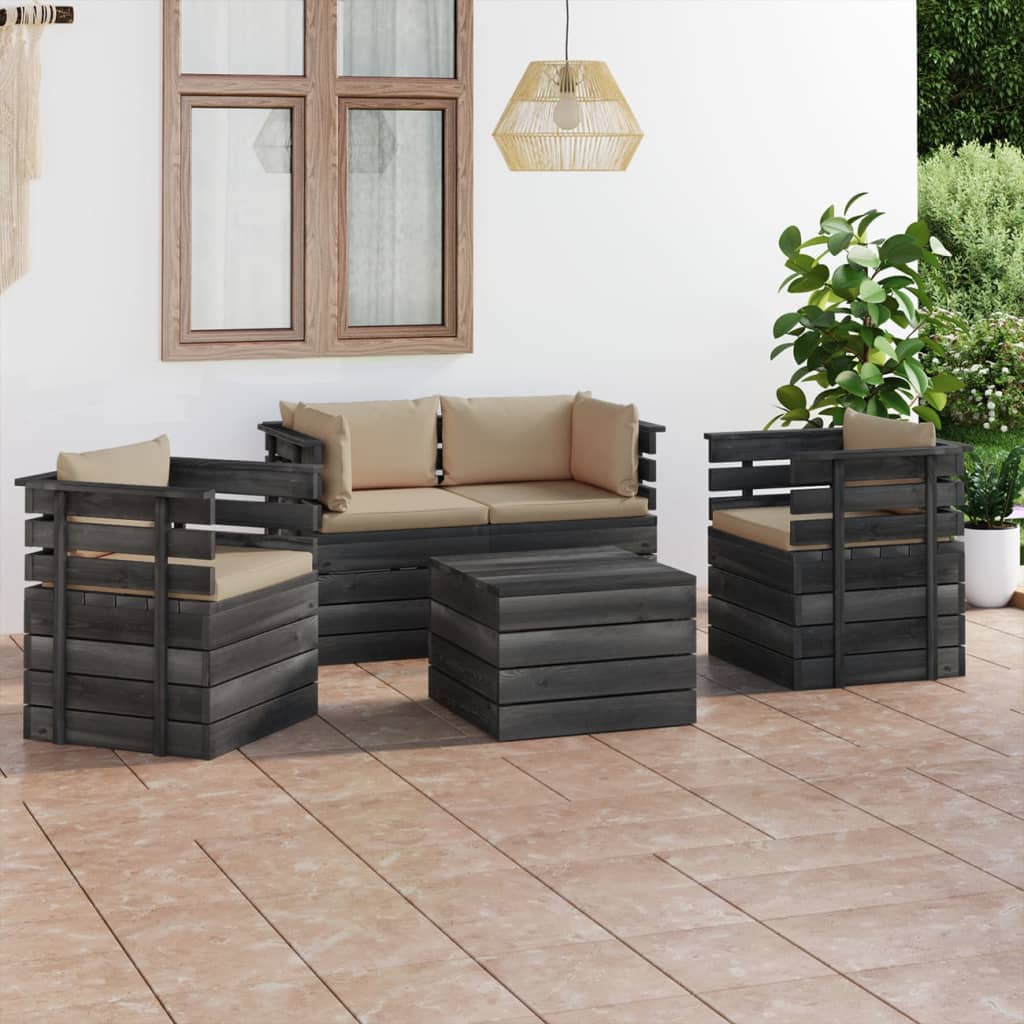 -Delige Loungeset Met Kussens Pallet Massief Grenenhout