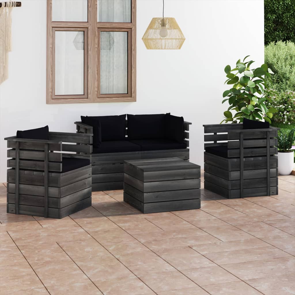 -Delige Loungeset Met Kussens Pallet Massief Grenenhout