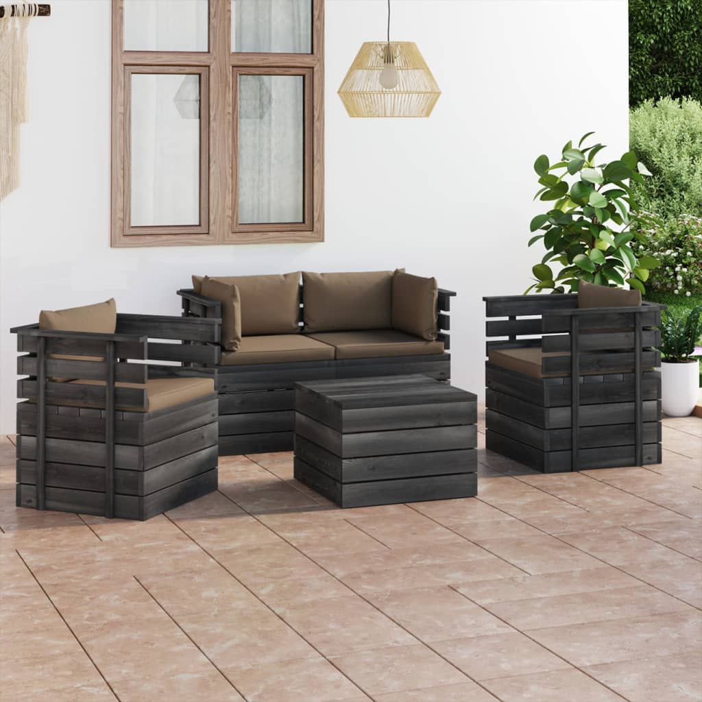 -Delige Loungeset Met Kussens Pallet Massief Grenenhout