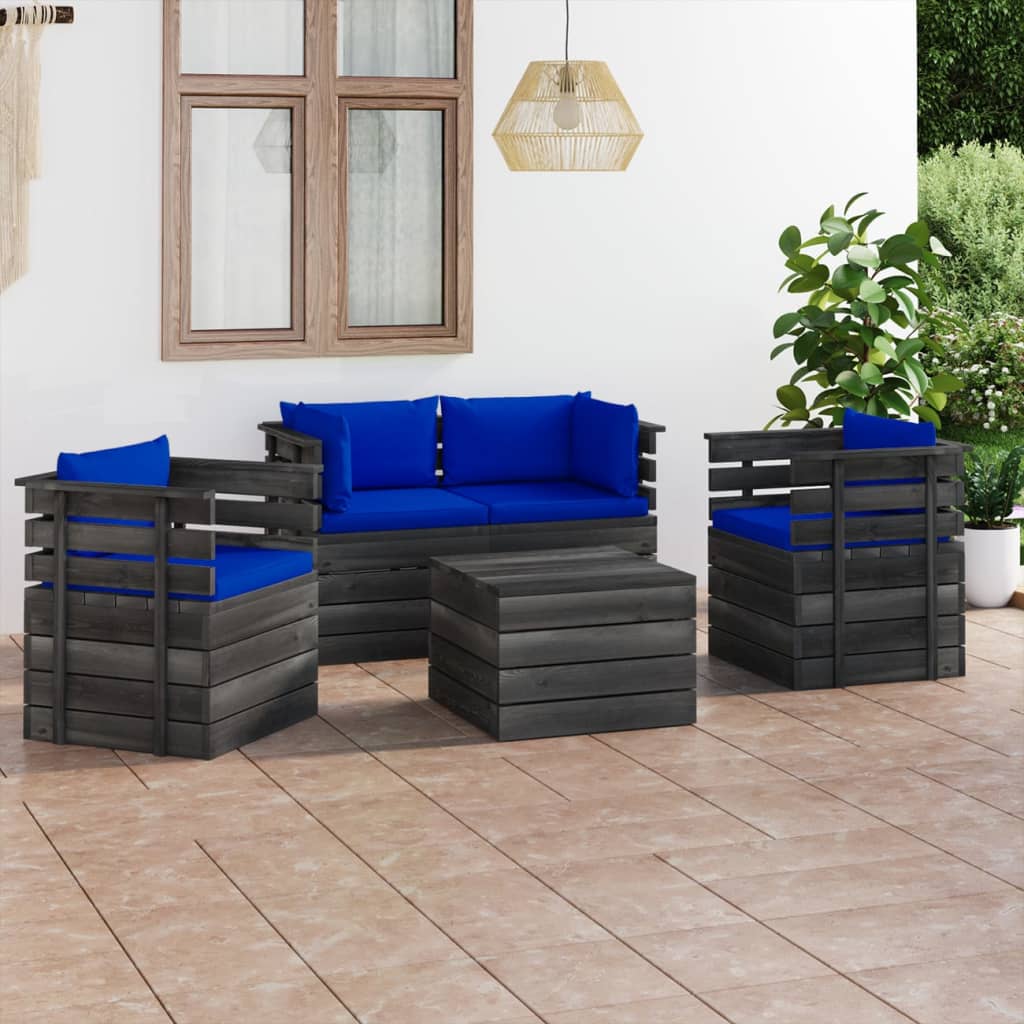 -Delige Loungeset Met Kussens Pallet Massief Grenenhout