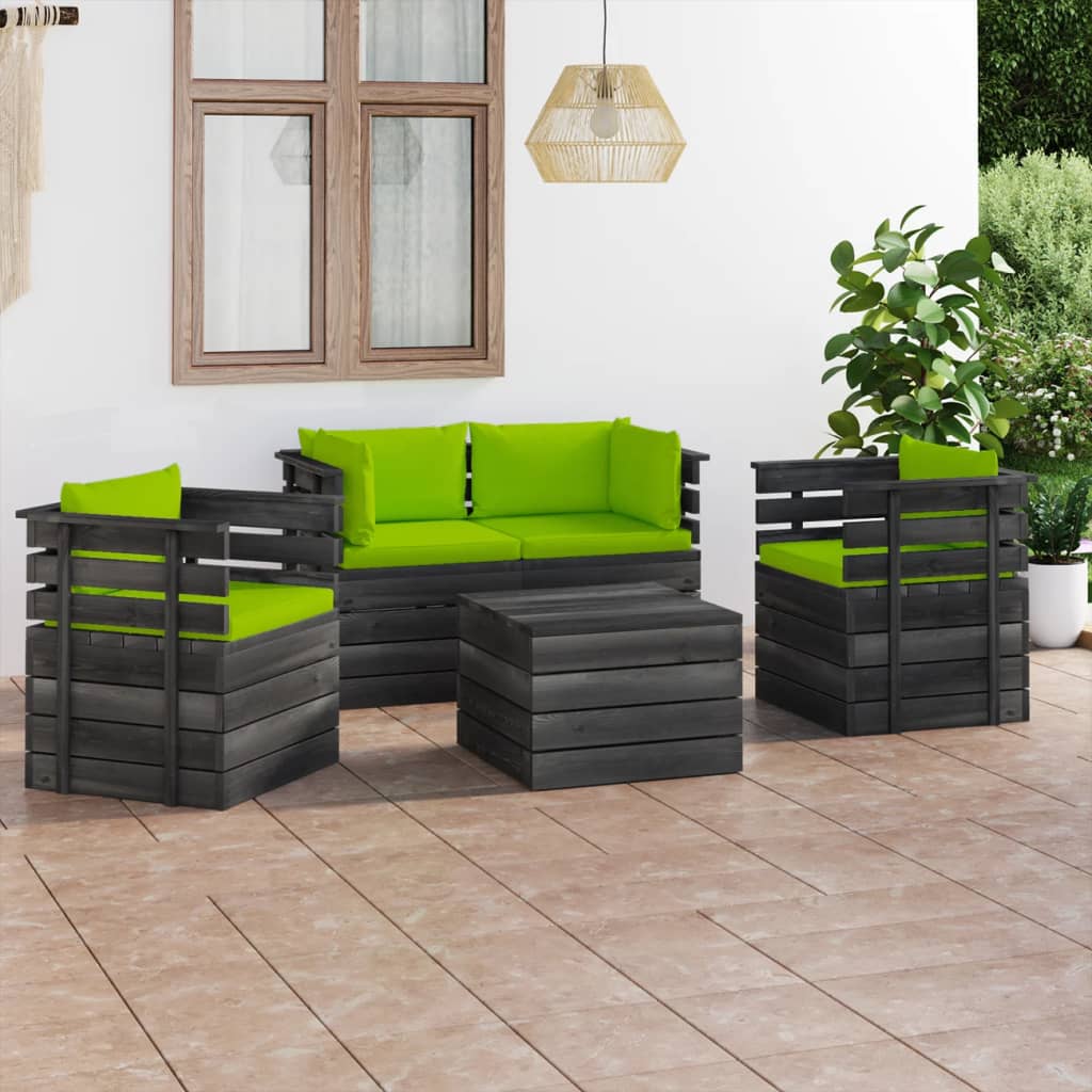 -Delige Loungeset Met Kussens Pallet Massief Grenenhout