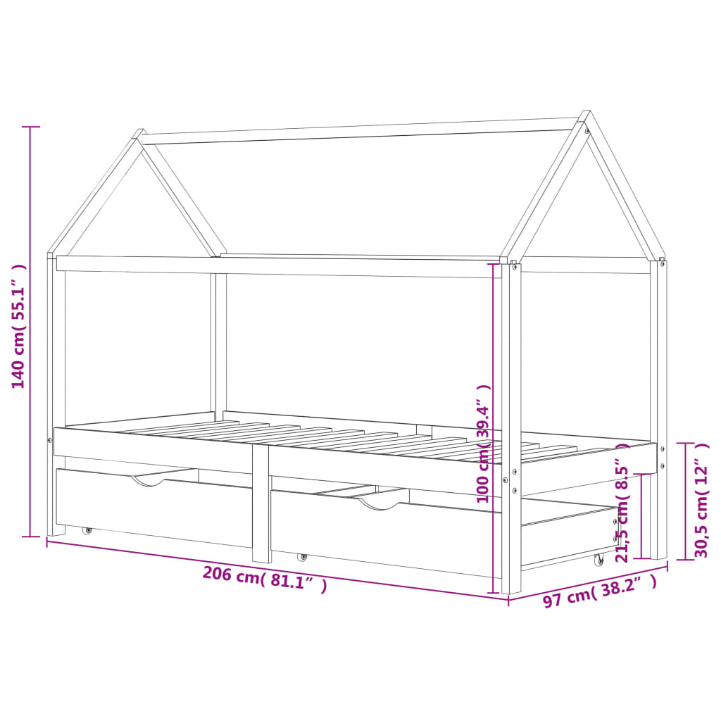 Kinderbedframe Met Lades Massief Grenenhout