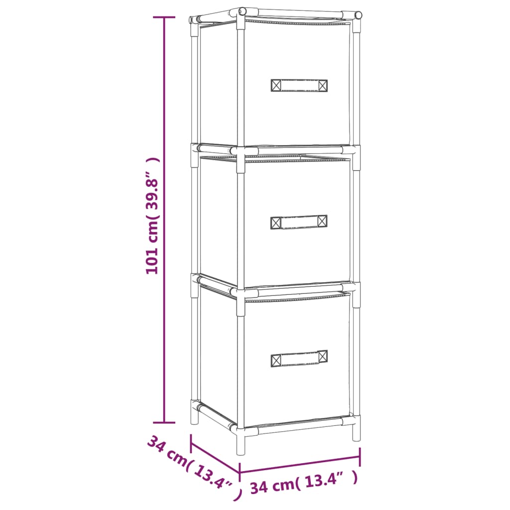 Opbergkast Met 3 Stoffen Lades 34X34X101 Cm Staal Grijs Hoogglans Grijs