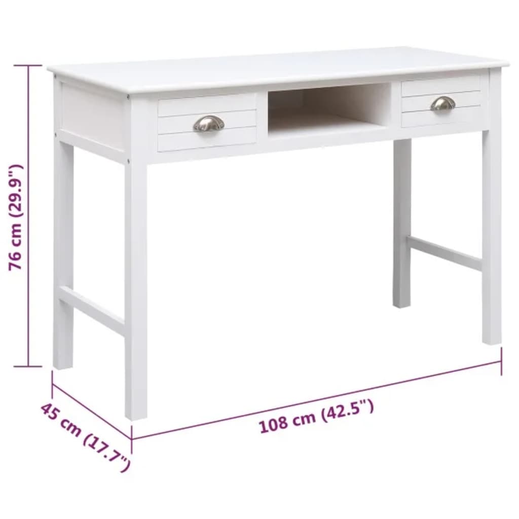 Bureau 108X45X76 Cm Massief Paulowniahout Wit Grijs