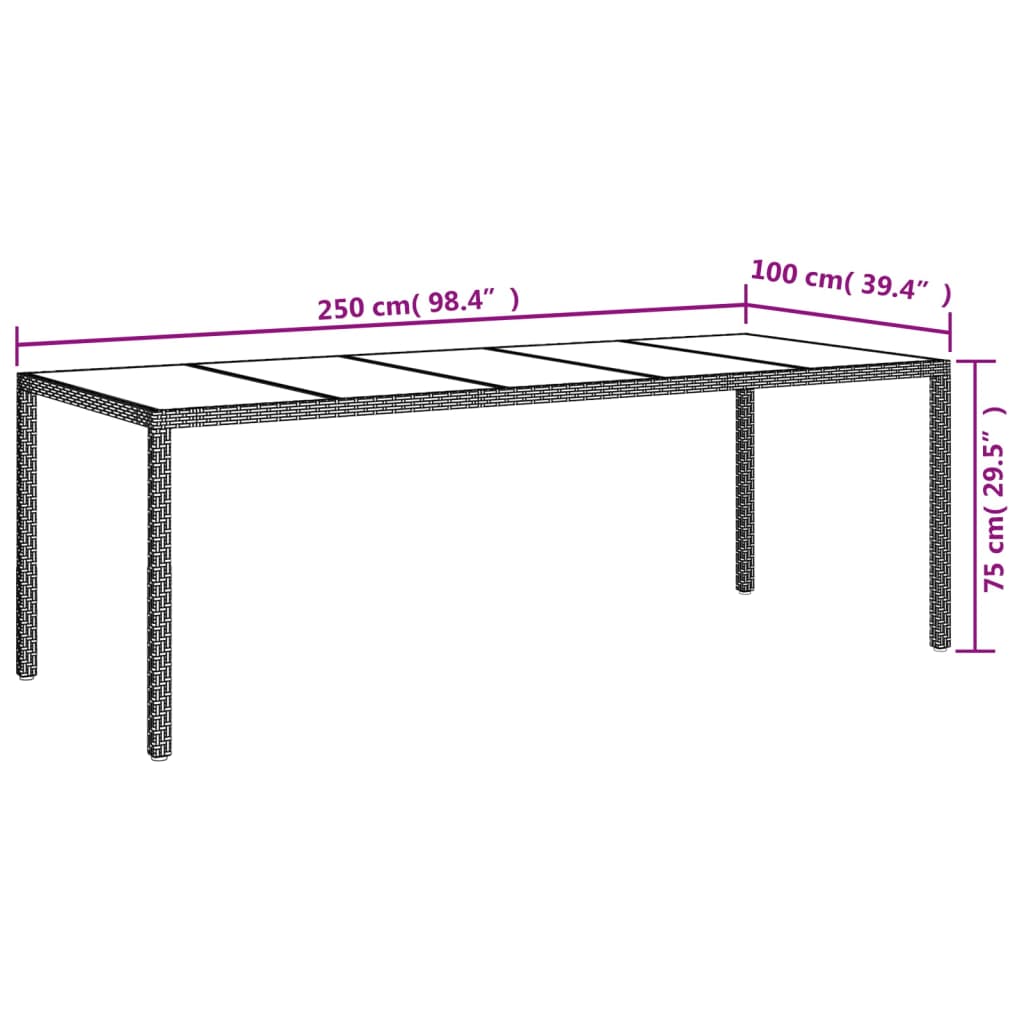 Tuintafel 250X00X75 Cm Gehard Glas En Poly Rattan