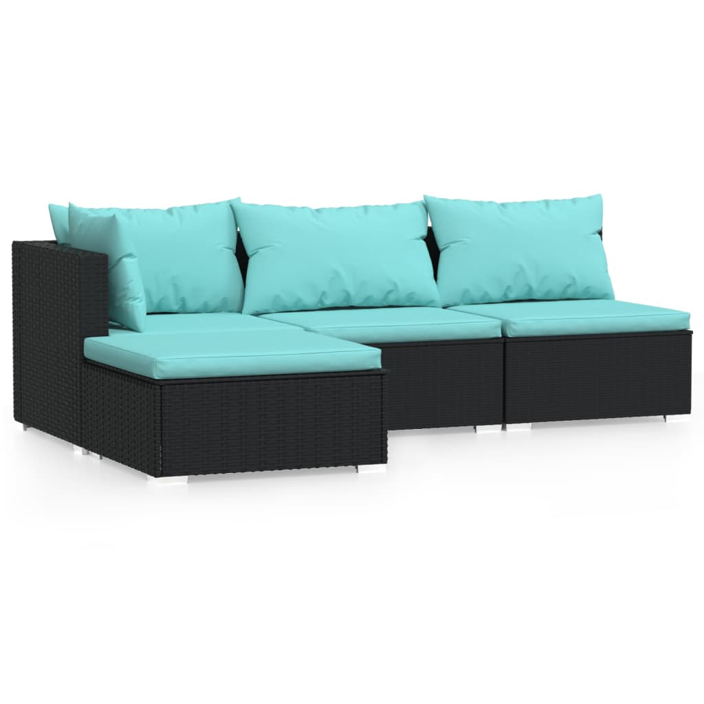 4-Delige Loungeset Met Kussens Poly Rattan Zwart En Waterblauw