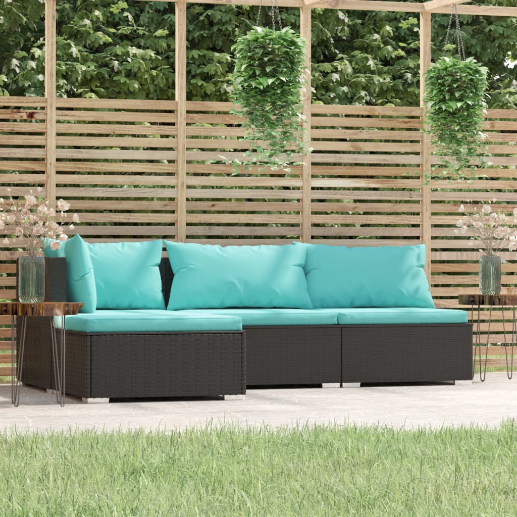 4-Delige Loungeset Met Kussens Poly Rattan Zwart En Waterblauw