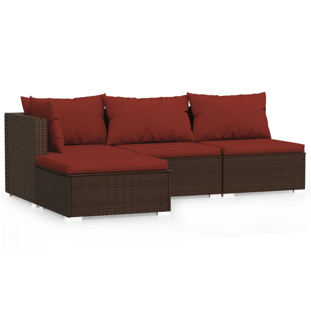 4-Delige Loungeset Met Kussens Poly Rattan Bruin En Kaneelrood