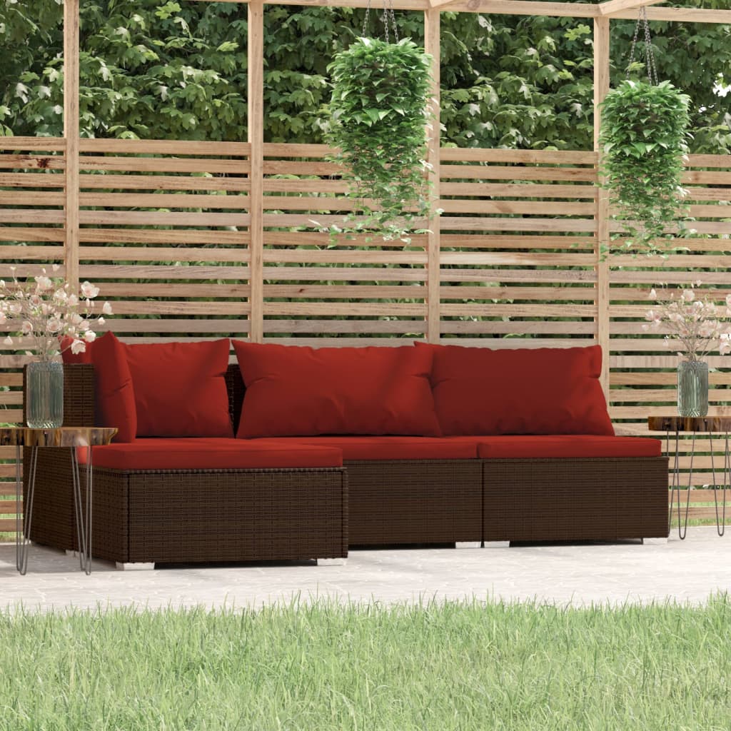 4-Delige Loungeset Met Kussens Poly Rattan Bruin En Kaneelrood