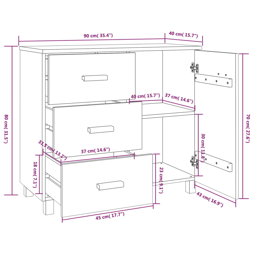 Dressoir Hamar 90X40X80 Cm Massief Grenenhout