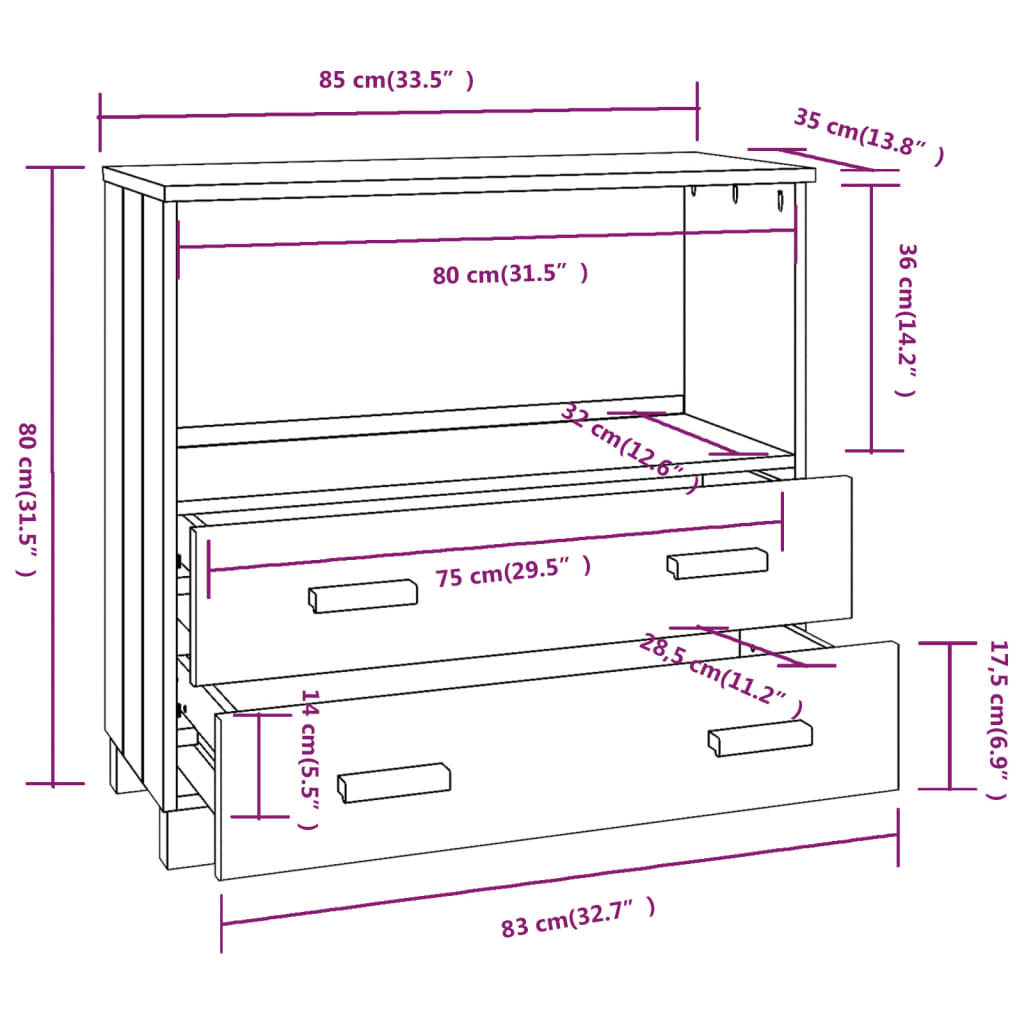 Dressoir Hamar 85X35X80 Cm Massief Grenenhout