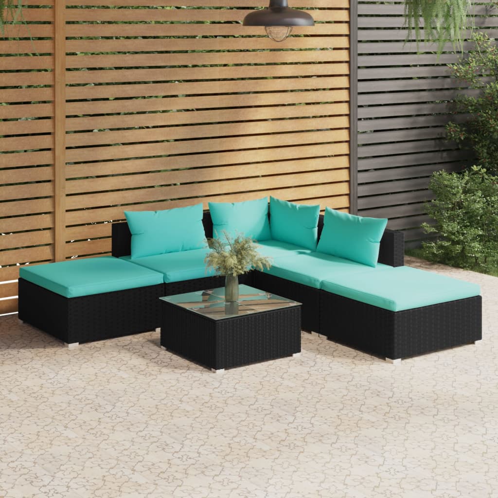 4-Delige Loungeset Met Kussens Poly Rattan Zwart En Waterblauw