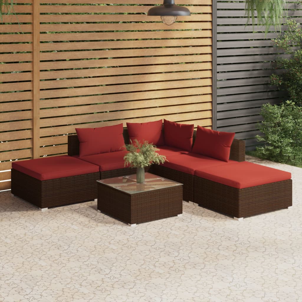 4-Delige Loungeset Met Kussens Poly Rattan Bruin En Kaneelrood