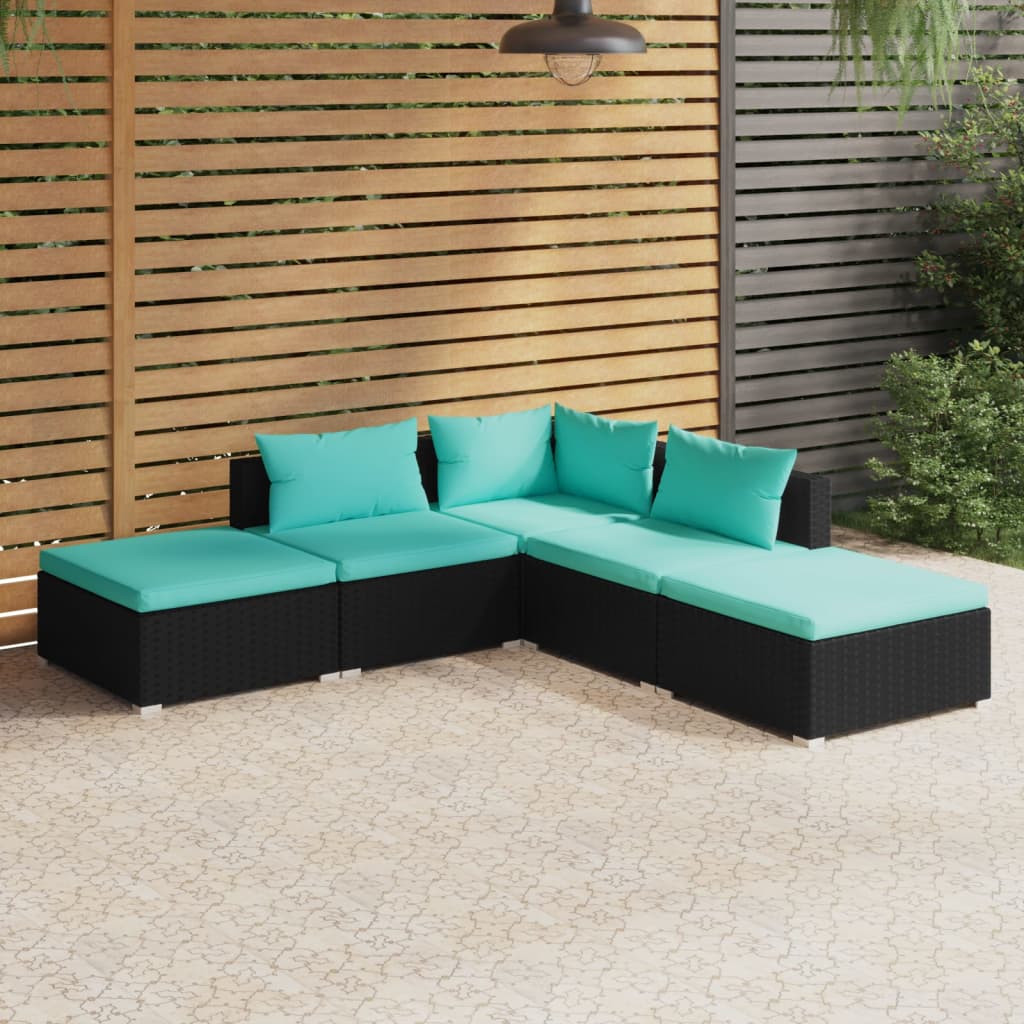 4-Delige Loungeset Met Kussens Poly Rattan Zwart En Waterblauw