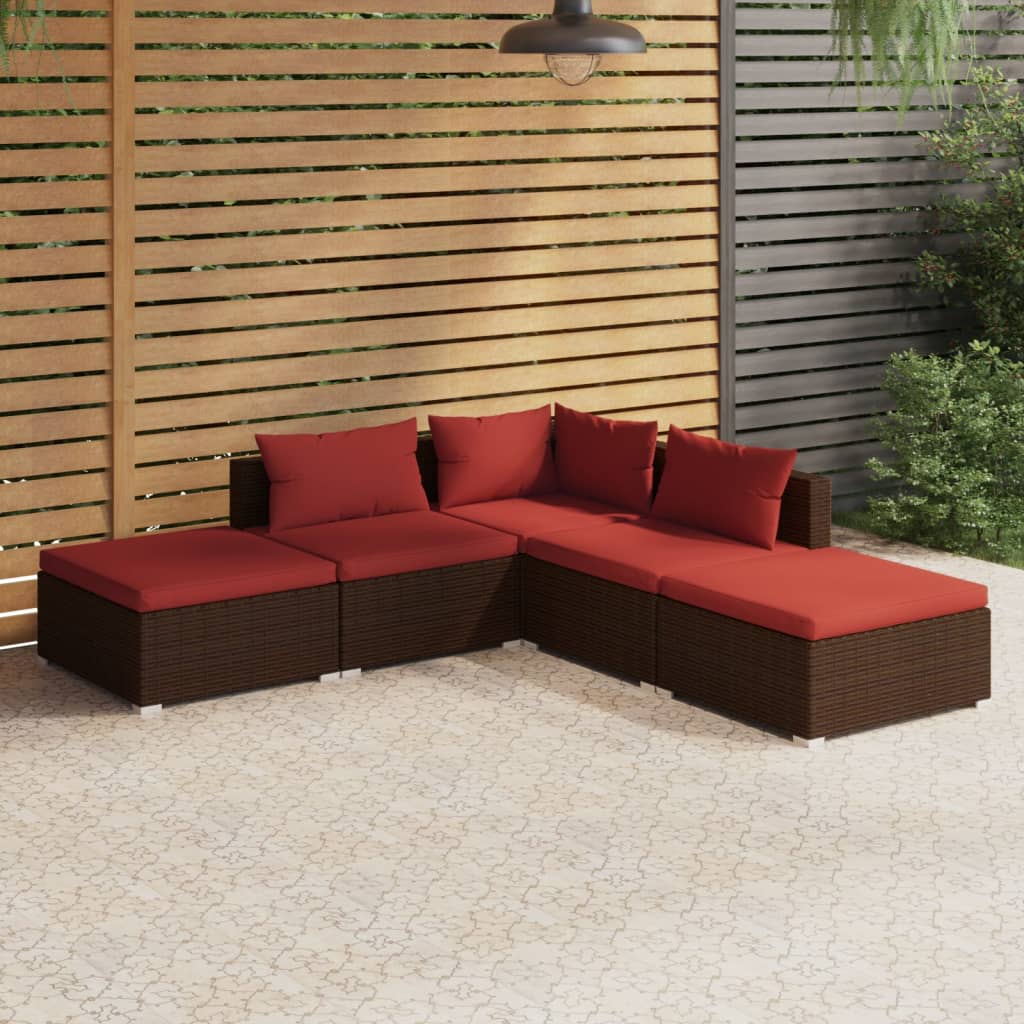 4-Delige Loungeset Met Kussens Poly Rattan Bruin En Kaneelrood