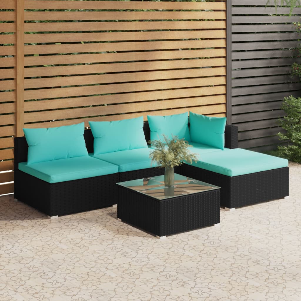 4-Delige Loungeset Met Kussens Poly Rattan Zwart En Waterblauw