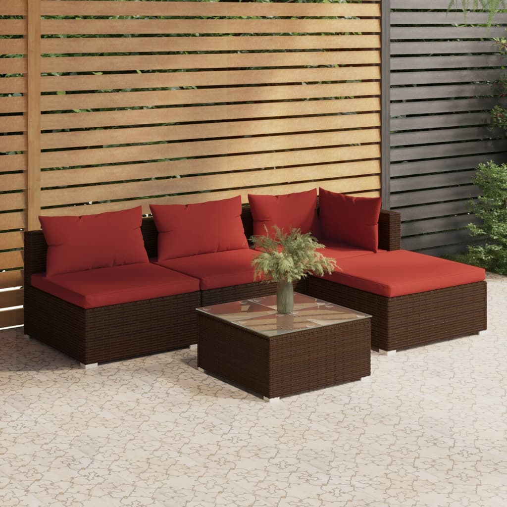 4-Delige Loungeset Met Kussens Poly Rattan Bruin En Kaneelrood