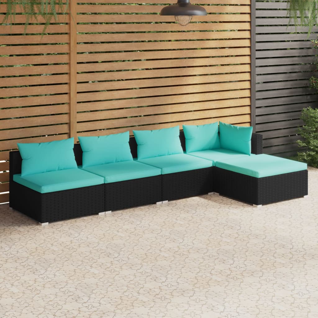 4-Delige Loungeset Met Kussens Poly Rattan Zwart En Waterblauw