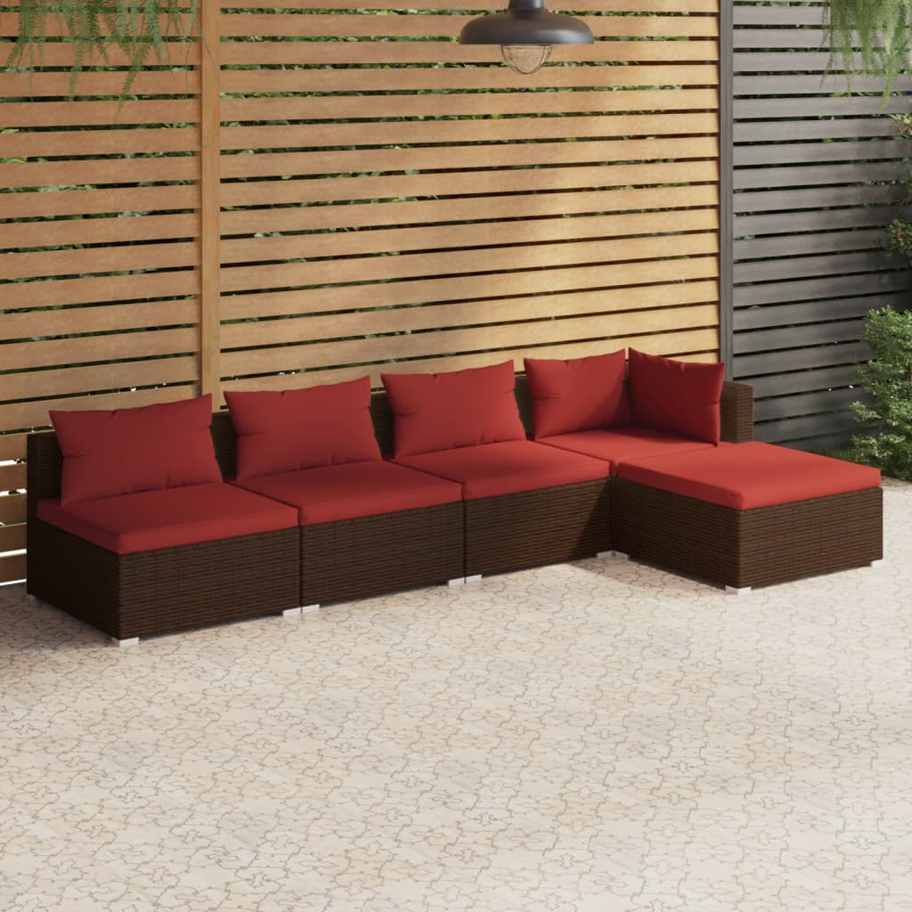 4-Delige Loungeset Met Kussens Poly Rattan Bruin En Kaneelrood