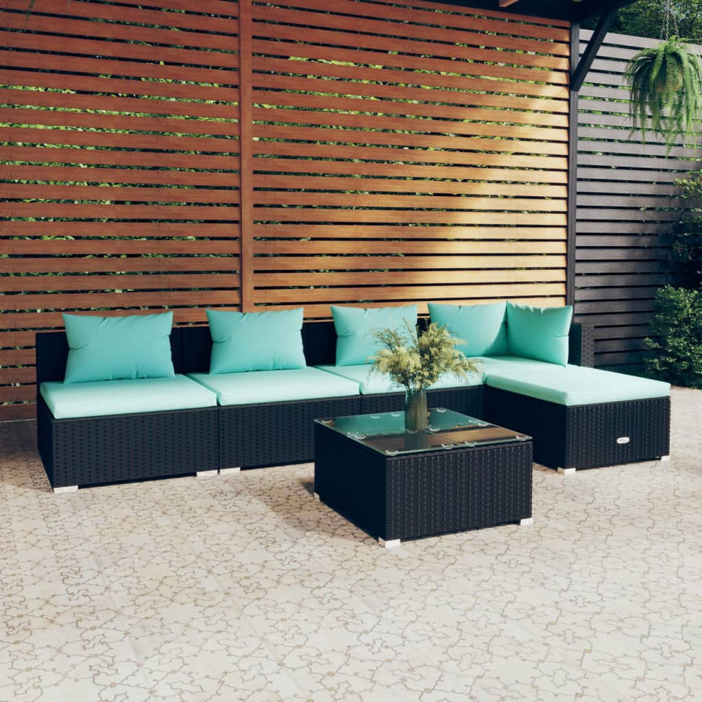 4-Delige Loungeset Met Kussens Poly Rattan Zwart En Waterblauw