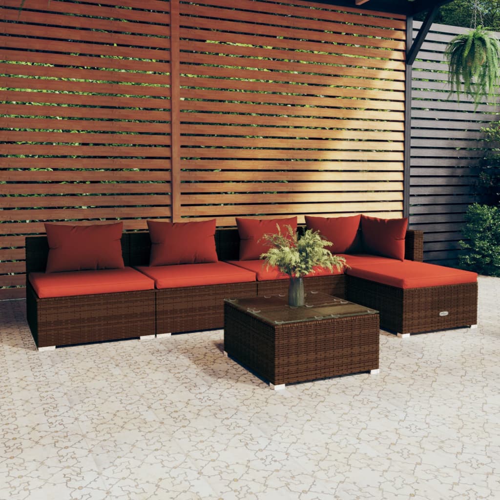 4-Delige Loungeset Met Kussens Poly Rattan Bruin En Kaneelrood