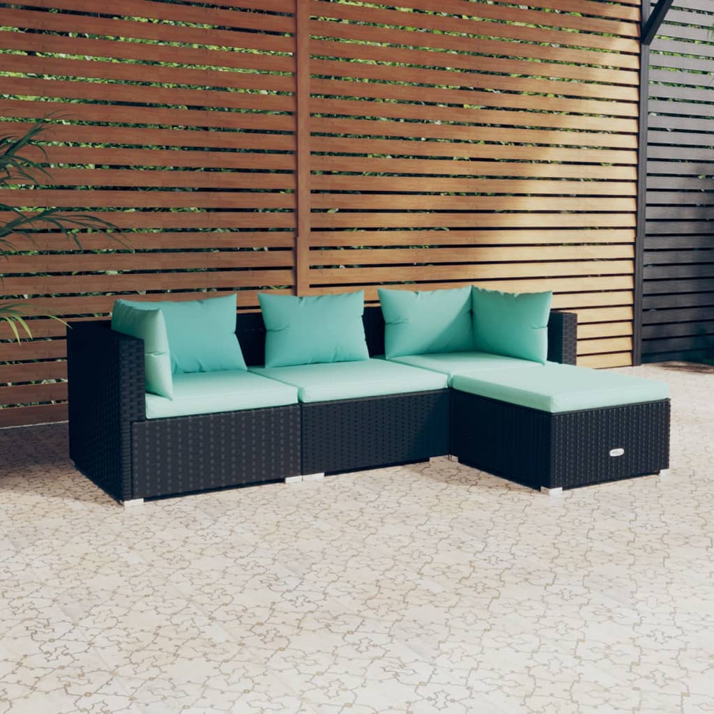 4-Delige Loungeset Met Kussens Poly Rattan Zwart En Waterblauw