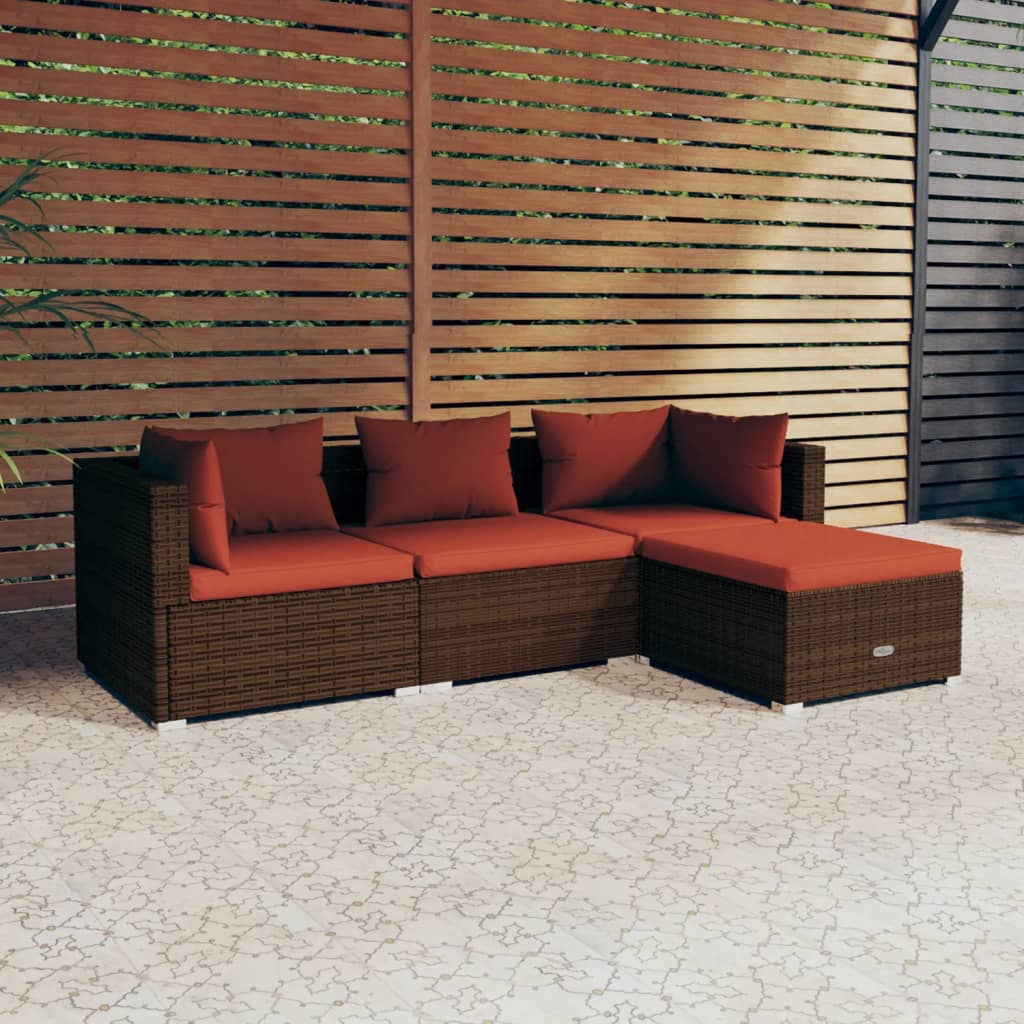 4-Delige Loungeset Met Kussens Poly Rattan Bruin En Kaneelrood