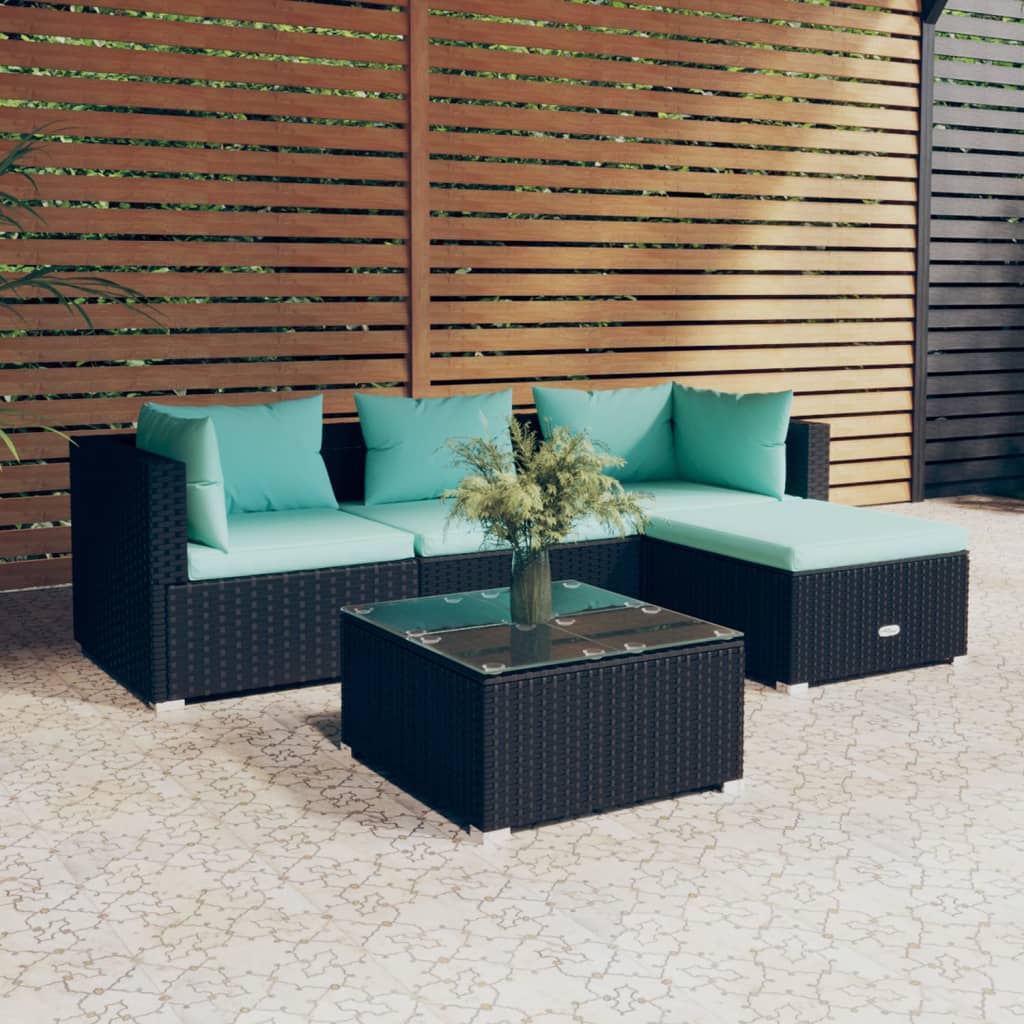 4-Delige Loungeset Met Kussens Poly Rattan Zwart En Waterblauw