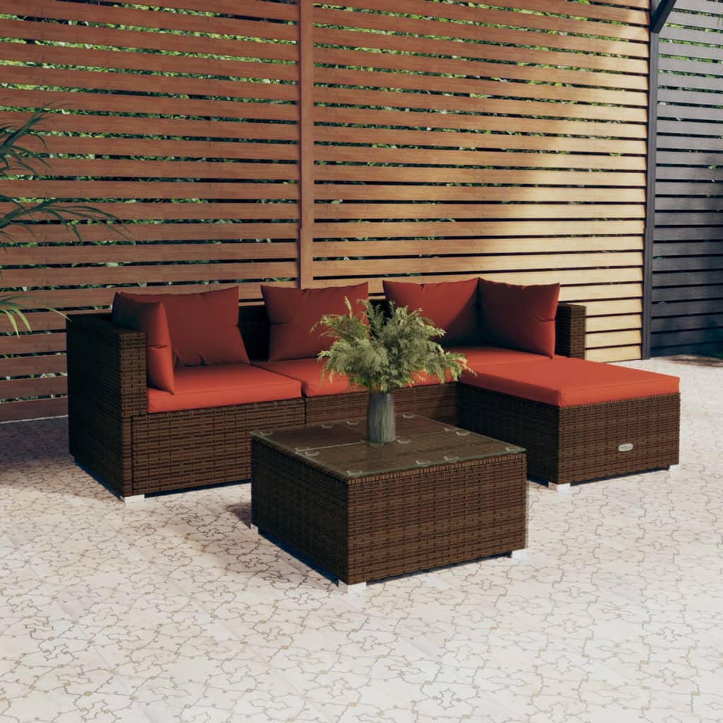 4-Delige Loungeset Met Kussens Poly Rattan Bruin En Kaneelrood