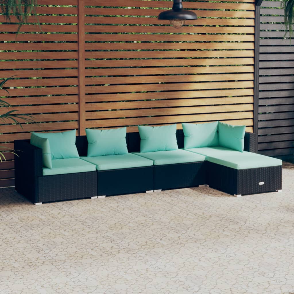 4-Delige Loungeset Met Kussens Poly Rattan Zwart En Waterblauw