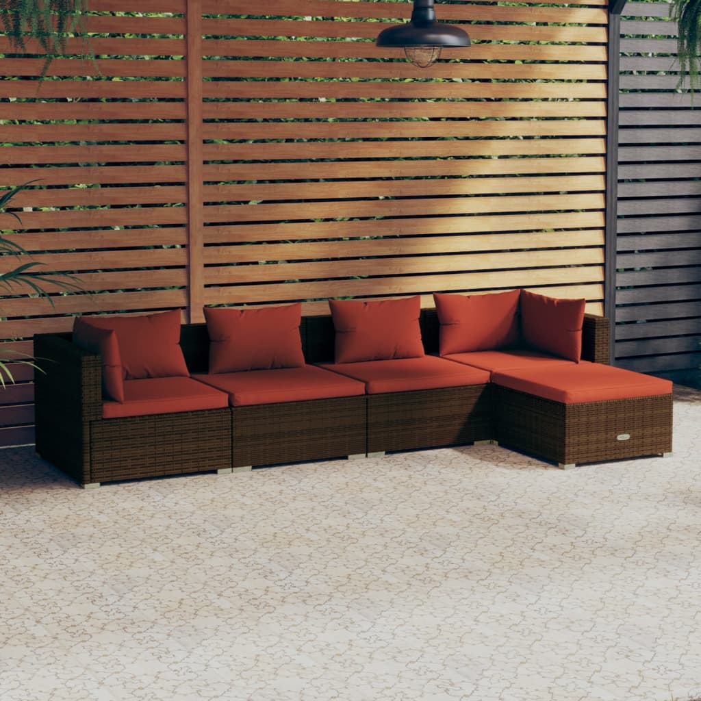 4-Delige Loungeset Met Kussens Poly Rattan Bruin En Kaneelrood