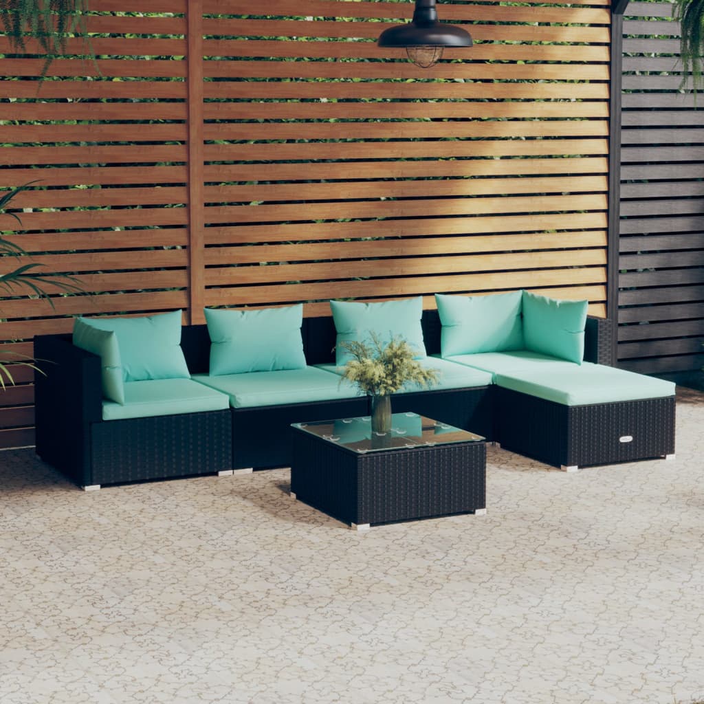 4-Delige Loungeset Met Kussens Poly Rattan Zwart En Waterblauw