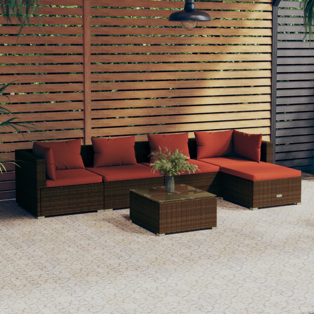 4-Delige Loungeset Met Kussens Poly Rattan Bruin En Kaneelrood