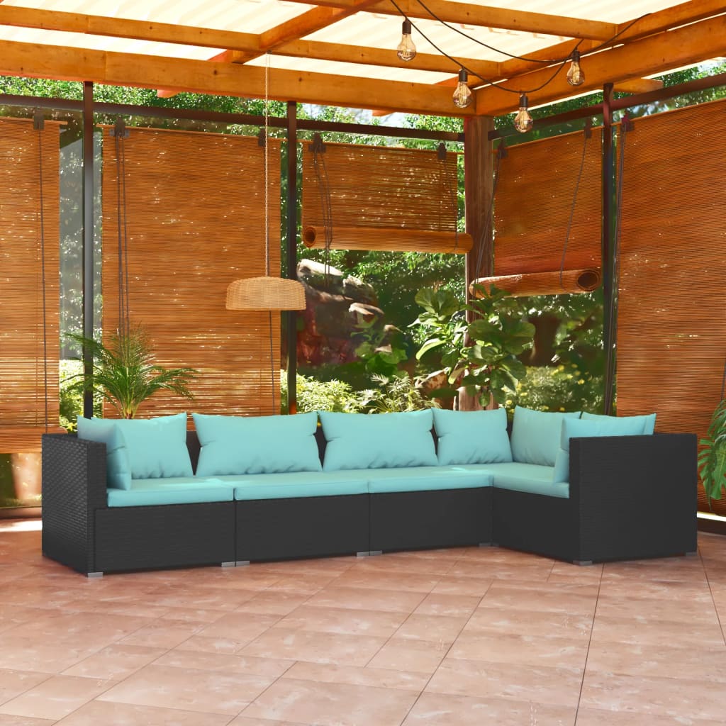 4-Delige Loungeset Met Kussens Poly Rattan Zwart En Waterblauw