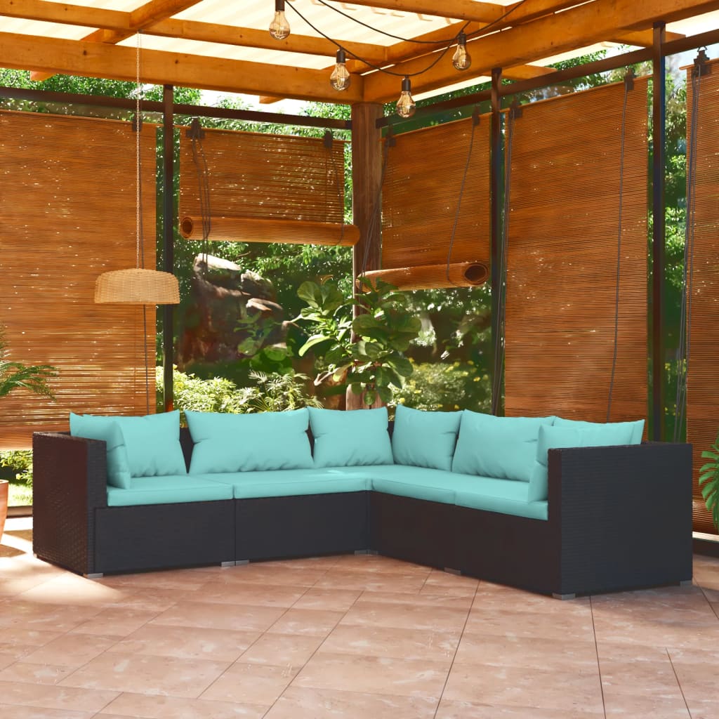 4-Delige Loungeset Met Kussens Poly Rattan Zwart En Waterblauw