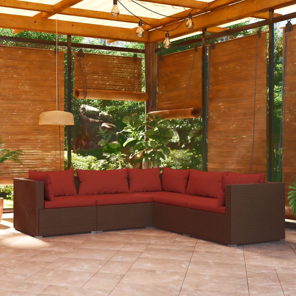 4-Delige Loungeset Met Kussens Poly Rattan Bruin En Kaneelrood