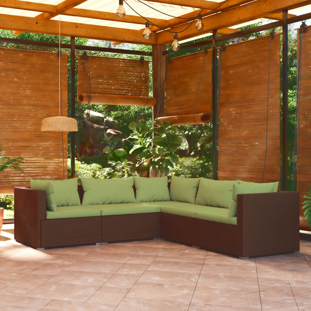 4-Delige Loungeset Met Kussens Poly Rattan Bruin En Groen