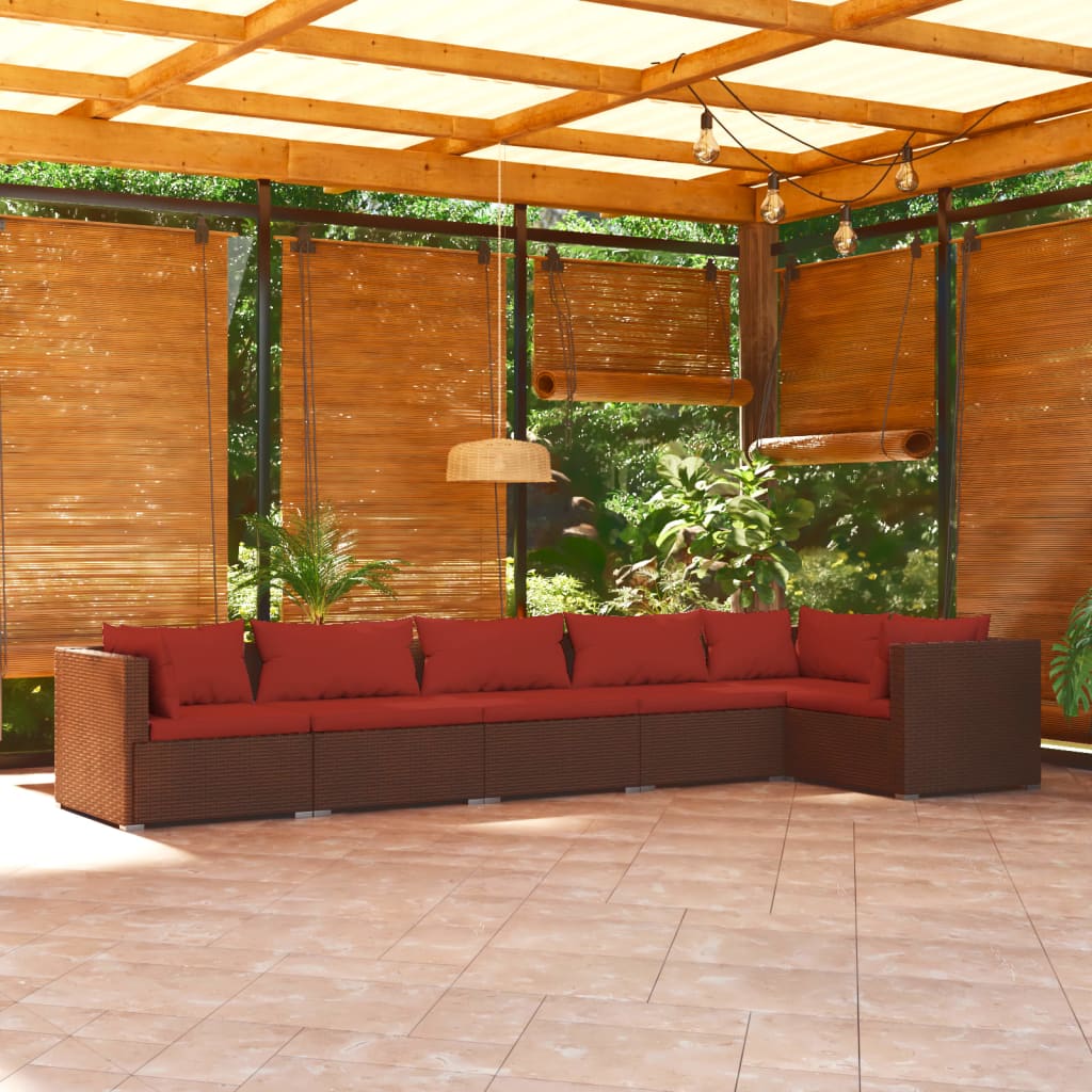 4-Delige Loungeset Met Kussens Poly Rattan Bruin En Kaneelrood