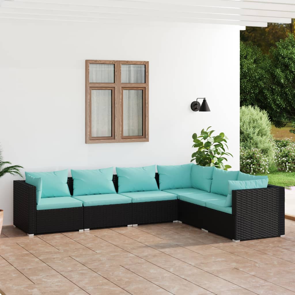 4-Delige Loungeset Met Kussens Poly Rattan Zwart En Waterblauw