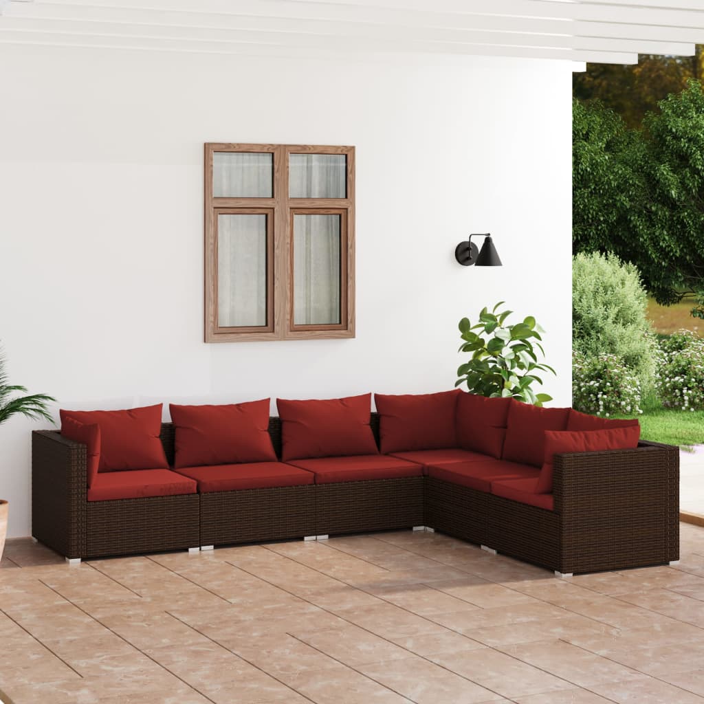 4-Delige Loungeset Met Kussens Poly Rattan Bruin En Kaneelrood