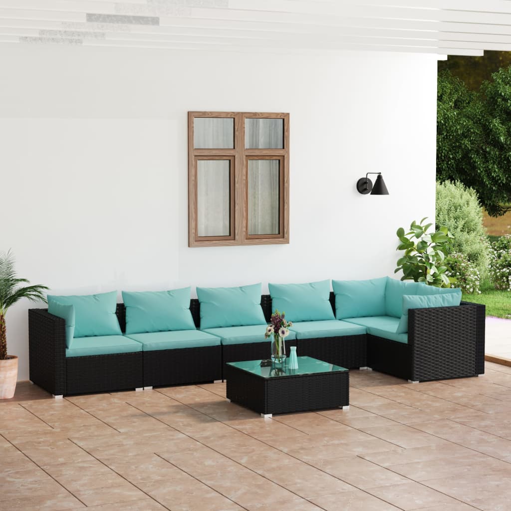 4-Delige Loungeset Met Kussens Poly Rattan Zwart En Waterblauw