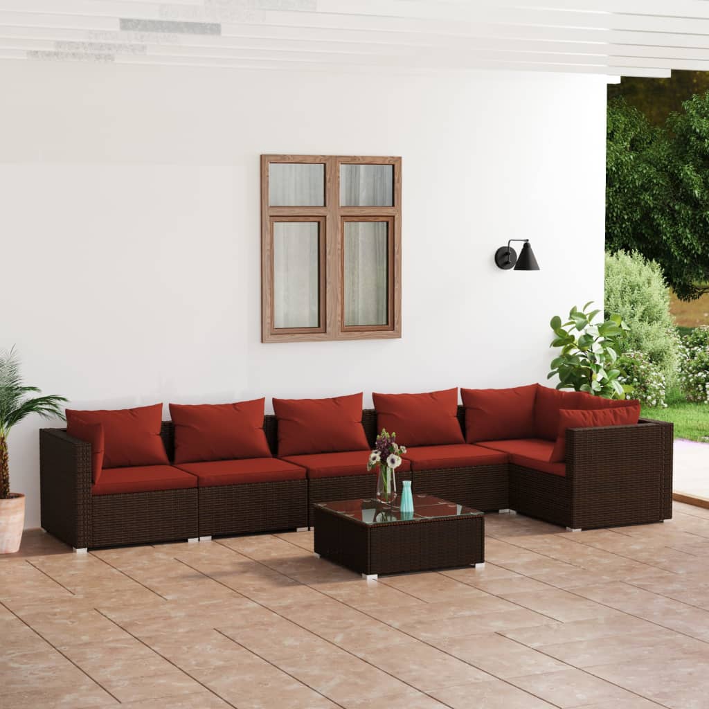 4-Delige Loungeset Met Kussens Poly Rattan Bruin En Kaneelrood