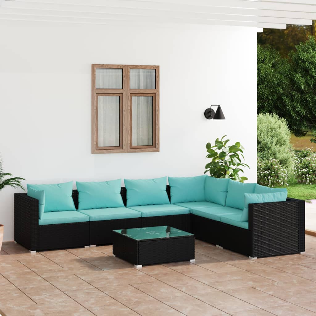 4-Delige Loungeset Met Kussens Poly Rattan Zwart En Waterblauw